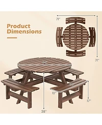 Sugift 8-Person Round Fir Wood Picnic Table Set with Built-in Benches