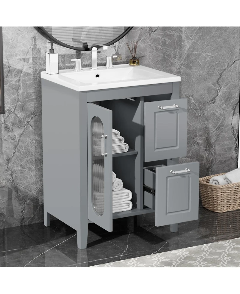 Sillysis Freestanding Bathroom Vanity with Sink, Solid Wood Cabinet, Moru Glass Door, Adjustable Shelf for Small Spaces