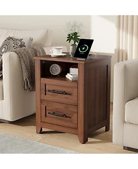 Homfan Set of 2 Farmhouse Nightstand with Drawer and Open Compartment, Side Table Charging Station, End Storage Shelf for Bedroom