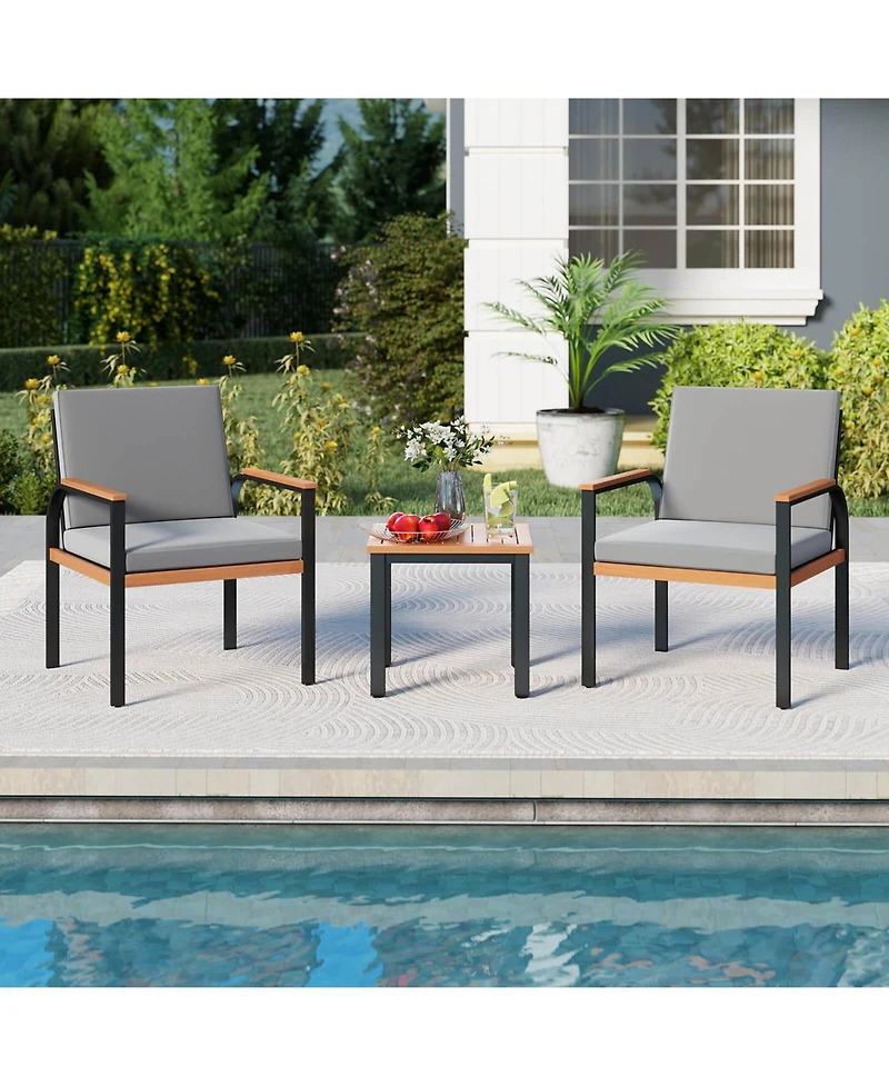 Costway 3 Pcs Patio Furniture Set with Coffee Table Removable Cushions Acacia Wood Armrests