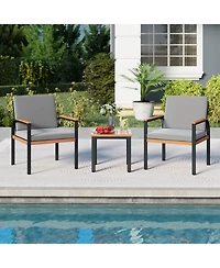 Costway 3 Pcs Patio Furniture Set with Coffee Table Removable Cushions Acacia Wood Armrests