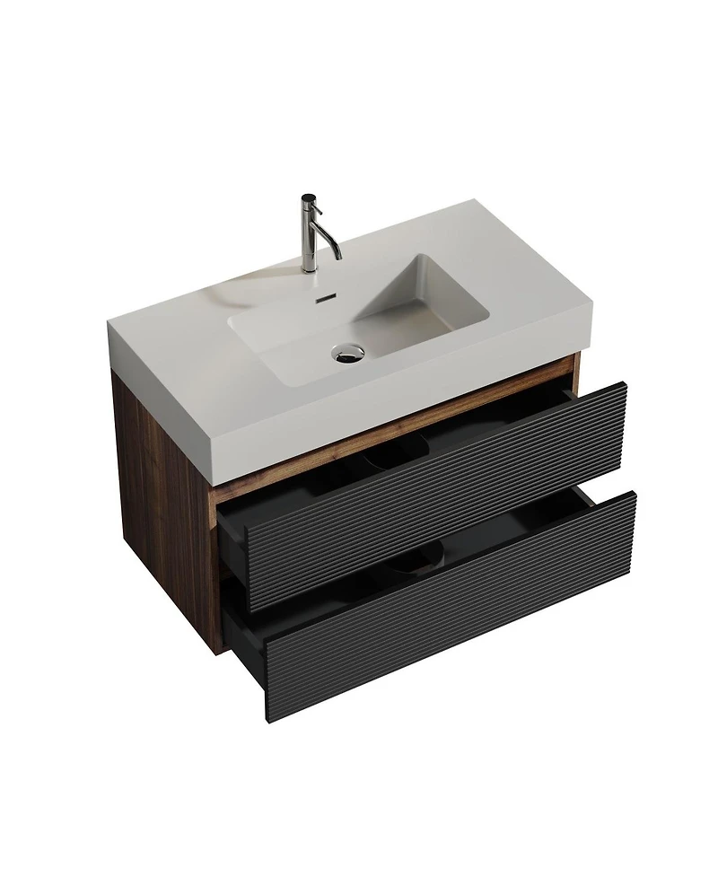 Sillysis Wall Mounted Bathroom Vanity with Glossy Sink, Double Soft Close Drawers, Floating Mid Century Modern Storage