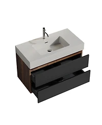 Sillysis Wall Mounted Bathroom Vanity with Glossy Sink, Double Soft Close Drawers, Floating Mid Century Modern Storage