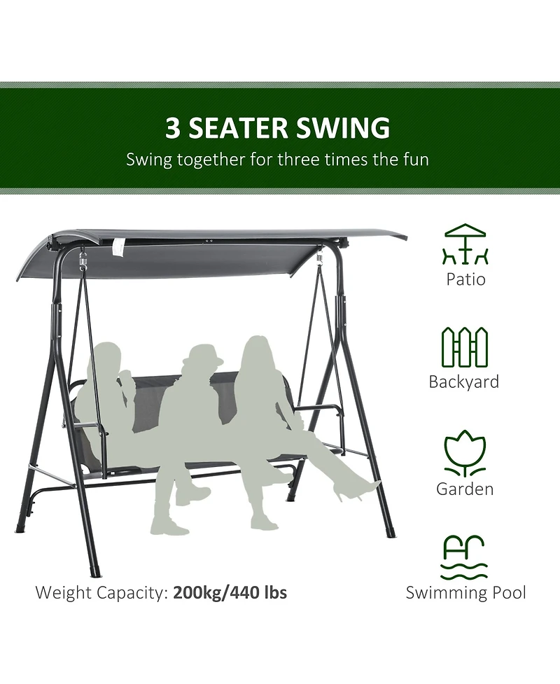 Outsunny Outdoor Patio Swing Chair, Seats 3 Adults, Adjustable Sun Shade Canopy, Strong Steel Frame, Comfortable Rocker Bench, Grey