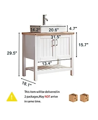 Sillysis Bathroom Vanity with Ceramic Sink, White Solid Wood and Mdf, Open Shelf and Cabinet, Above Counter Sink for Modern Bathrooms