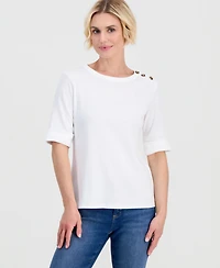 Style & Co Petite Cotton Asymmetric-Button Boat-Neck Top, Macy's Exclusive