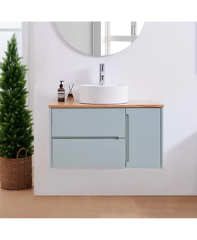 Sillysis Wall Mounted Vanity with Solid Wood Top, Double Drawers and Single Door, Round Ceramic Sink, Modern Minimalist Design