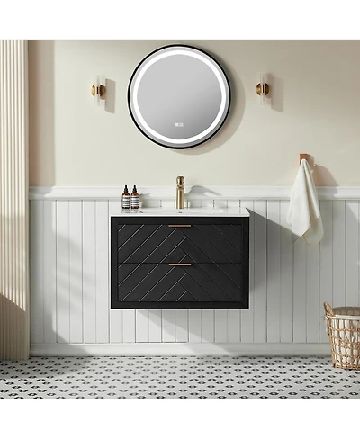 Sillysis Wall Mounted Floating Vanity with Ceramic Sink, Fully Assembled Plywood Cabinet, 2 Drawers for Small Spaces