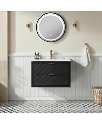 Sillysis Wall Mounted Floating Vanity with Ceramic Sink, Fully Assembled Plywood Cabinet, 2 Drawers for Small Spaces