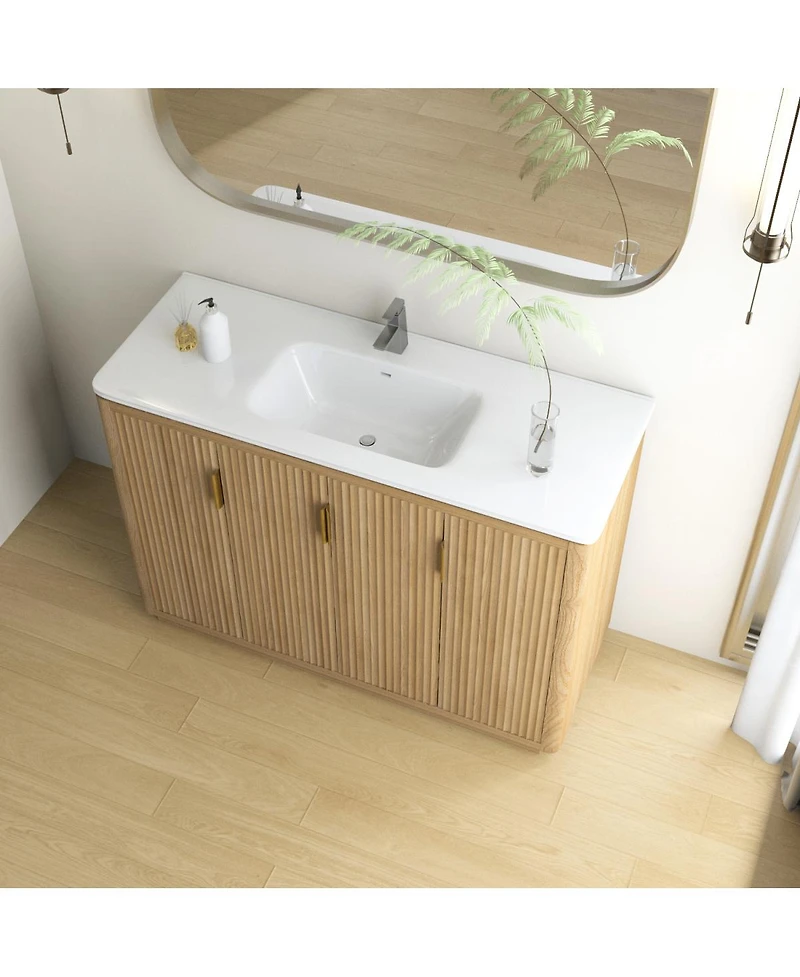 Sillysis Modern Bathroom Vanity with Integrated Ceramic Sink, Striped Wood Four Doors, Large Storage Cabinet for Contemporary Home