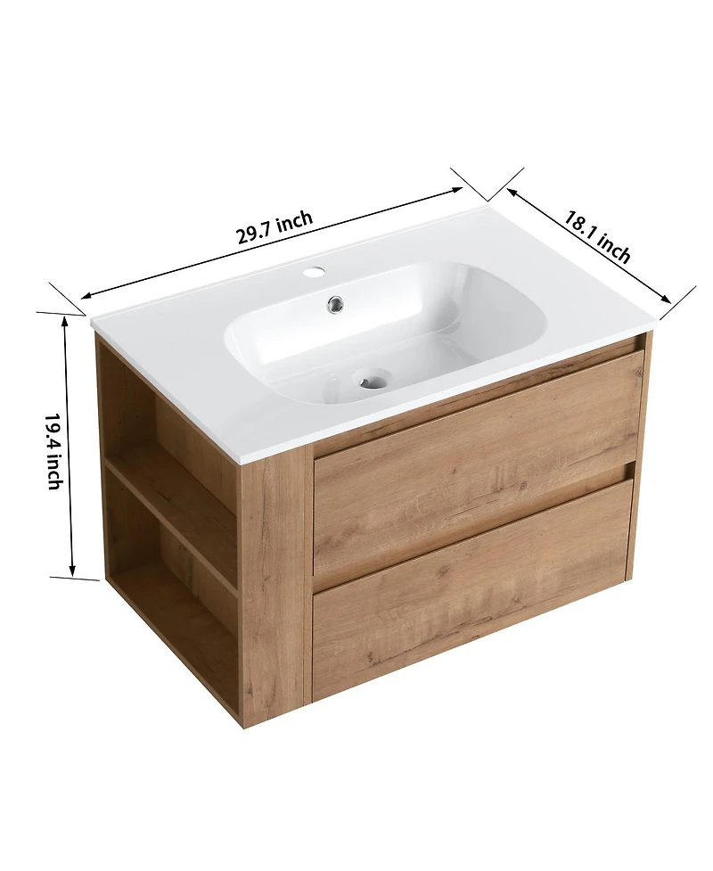 Sillysis Wall Mounted Bathroom Vanity with Gel Sink, Soft Close Drawers, Adjustable Side Shelf for Small