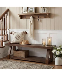 Tribesigns 63" Solid Wood Bench, 2-Tier Entryway Bench with Shoe Storage, Rustic Hallway Accent Benches
