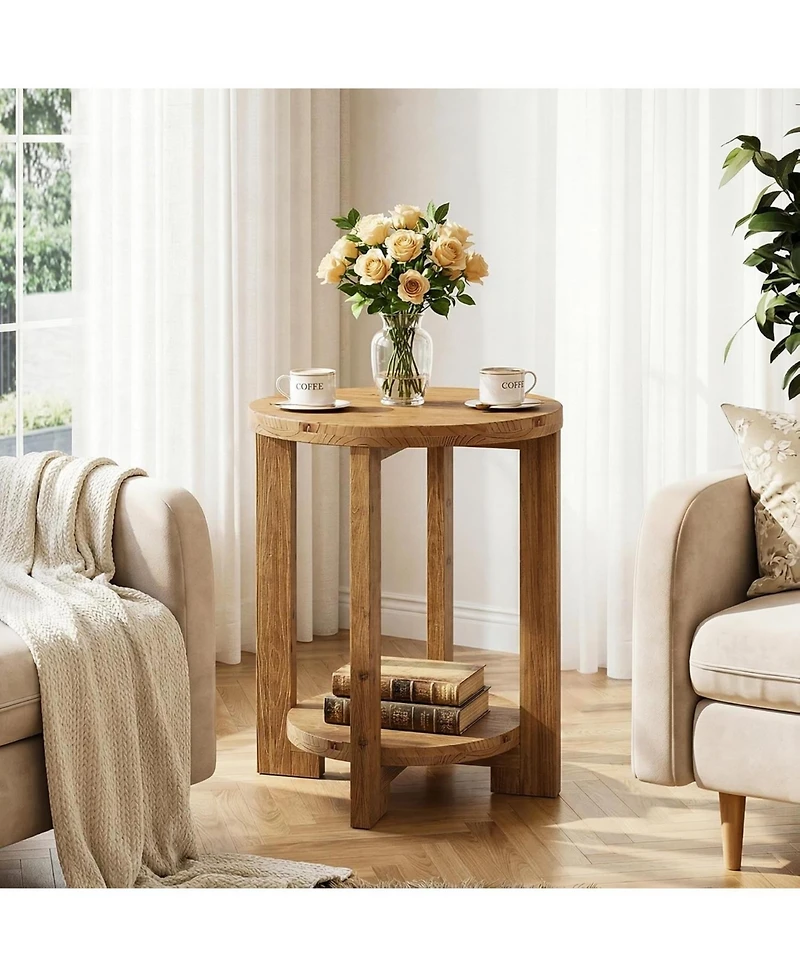 Tribesigns Solid Wood Round End Table, Accent Bed Side Table with Storage Shelf, 2-Tier Circle Wood Nightstand