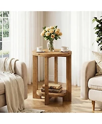 Tribesigns Solid Wood Round End Table, Accent Bed Side Table with Storage Shelf, 2-Tier Circle Wood Nightstand
