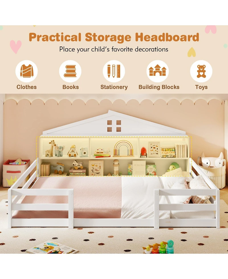 Slickblue Montessori Floor Bed Frame with Storage Compartments and Shelf for Toddler Bedroom