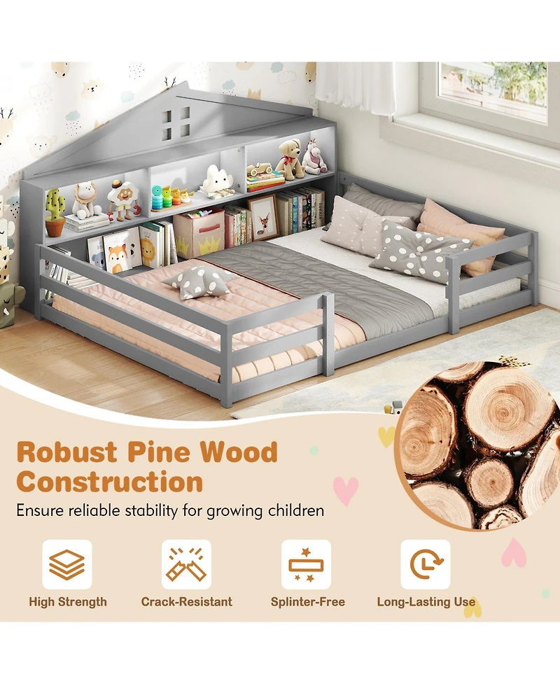 Slickblue Montessori Floor Bed Frame with Storage Compartments and Shelf for Toddler Bedroom