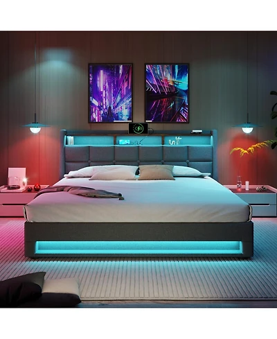 Rainsken Bed Frame, with Led Lights and Charging Station, Hydraulic Storage System, Upholstered Headboard