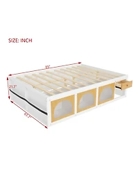 Rainsken Queen Size Platform Bed, Wooden Bed Frame with Bookshelf, Drawer and Led Lit Display Cabinet, Space-Saving Storage Bed for Kids Teens