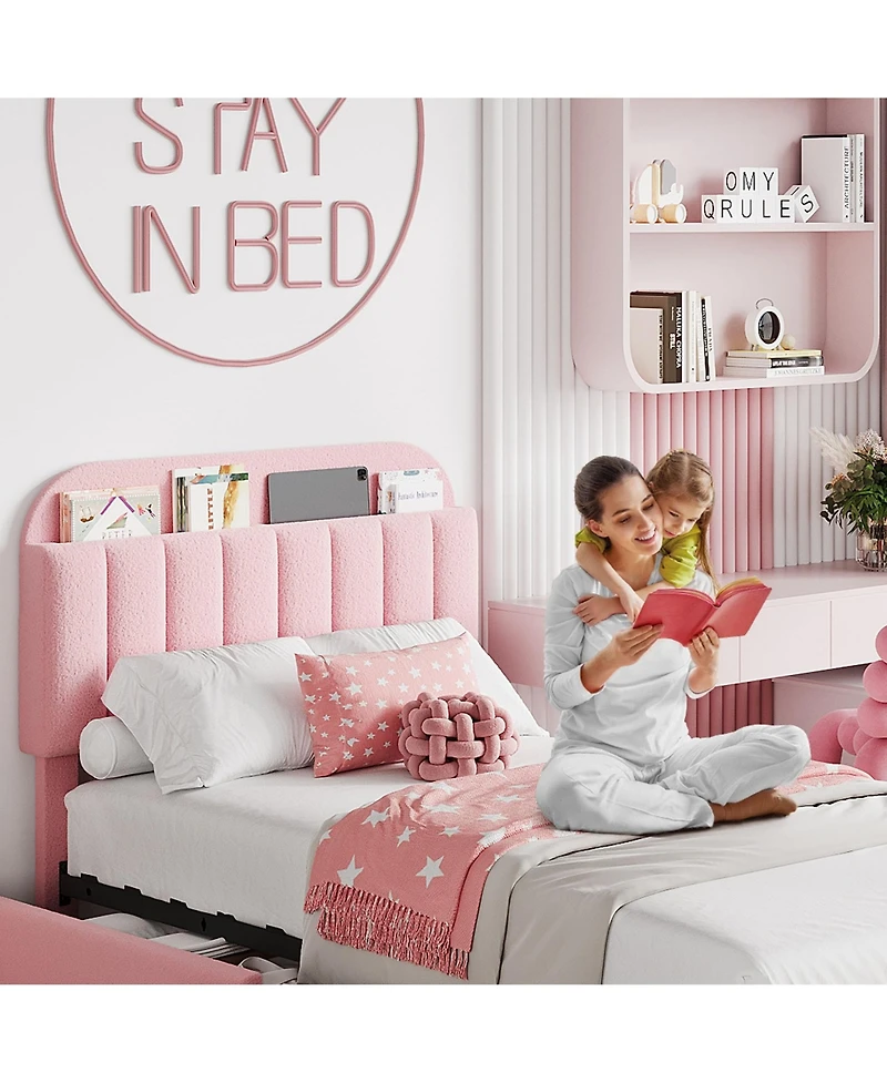 homfan Twin Bed Frame with 2 Drawers, Boucle Upholstered Bookcase Headboard, Kids Bed, Easy Assembly, No Box Spring