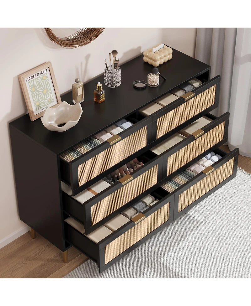 Homfan 6 Drawer Dresser, Rattan Chest, Farmhouse Wooden Dresser with Metal Legs, Large Unit for Bedroom, Living Room, Nursery