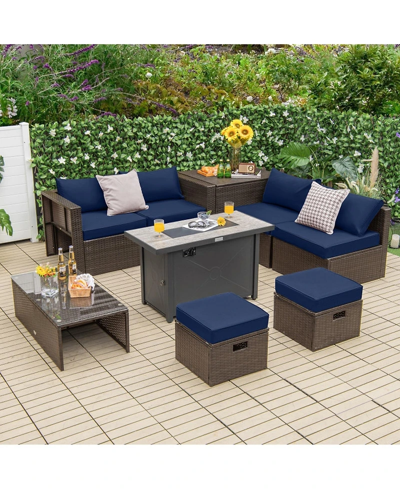 Gouun 9-Piece Outdoor Patio Conversation Set with 42 in 60,000 Btu Propane Fire Pit Table and Storage Box