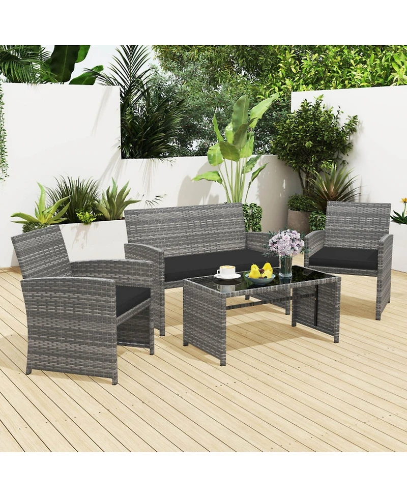 Sugift 4 Piece Patio Conversation Set with Rattan Chairs Loveseat and Table