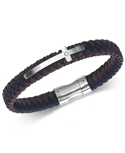 Esquire Men's Jewelry Diamond Accent Leather Cross Bracelet in Stainless Steel, Created for Macy's
