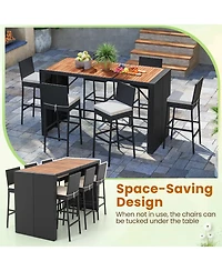 Sugift 7-Piece Rattan Patio Bar Set with Acacia Wood Top and 6 Stools