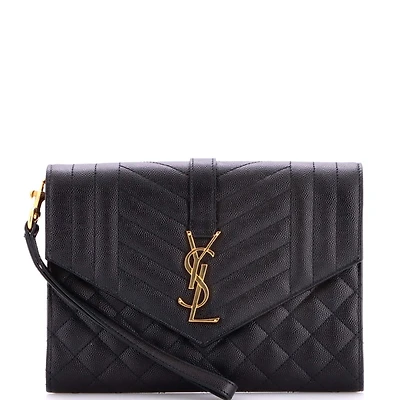 Pre-Owned Saint Laurent Classic Monogram Envelope Wristlet Clutch Mixed Matelasse Leather