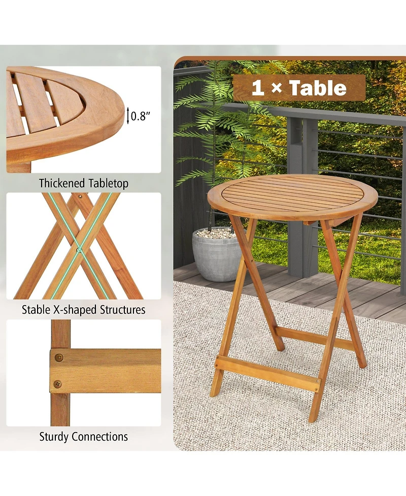 Gymax 3PCS Folding Bistro Set Solid Acacia Wood Table and Chairs Slatted Tabletop Patio