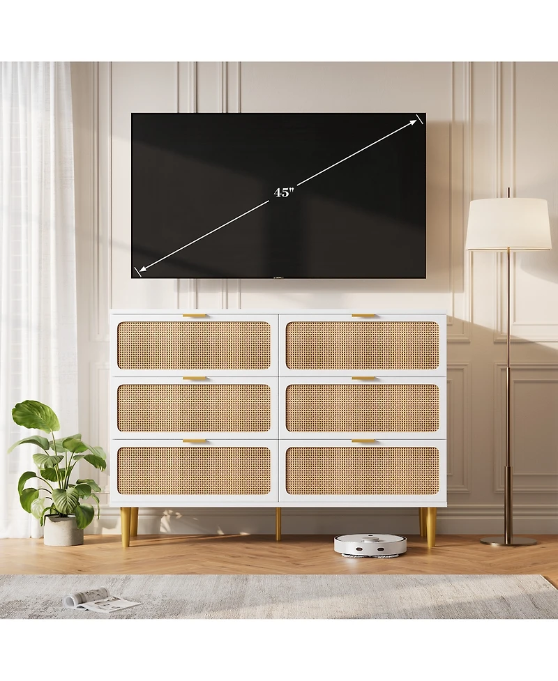 Homfan Modern Rattan 6 Drawer Dresser - Large Double Wooden Chest, Deep Wide Storage Drawers, Top Cabinet for Bedroom, Living Room