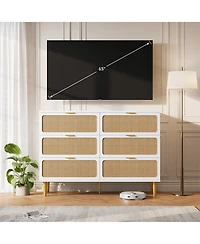 Homfan Modern Rattan 6 Drawer Dresser - Large Double Wooden Chest, Deep Wide Storage Drawers, Top Cabinet for Bedroom, Living Room