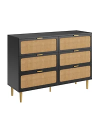 Homfan Modern Rattan 6 Drawer Dresser - Large Double Wooden Chest, Deep Wide Storage Drawers, Top Cabinet for Bedroom, Living Room