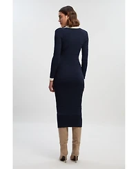 Karen Millen Women's Rib Contrast Button Knit Midi Dress
