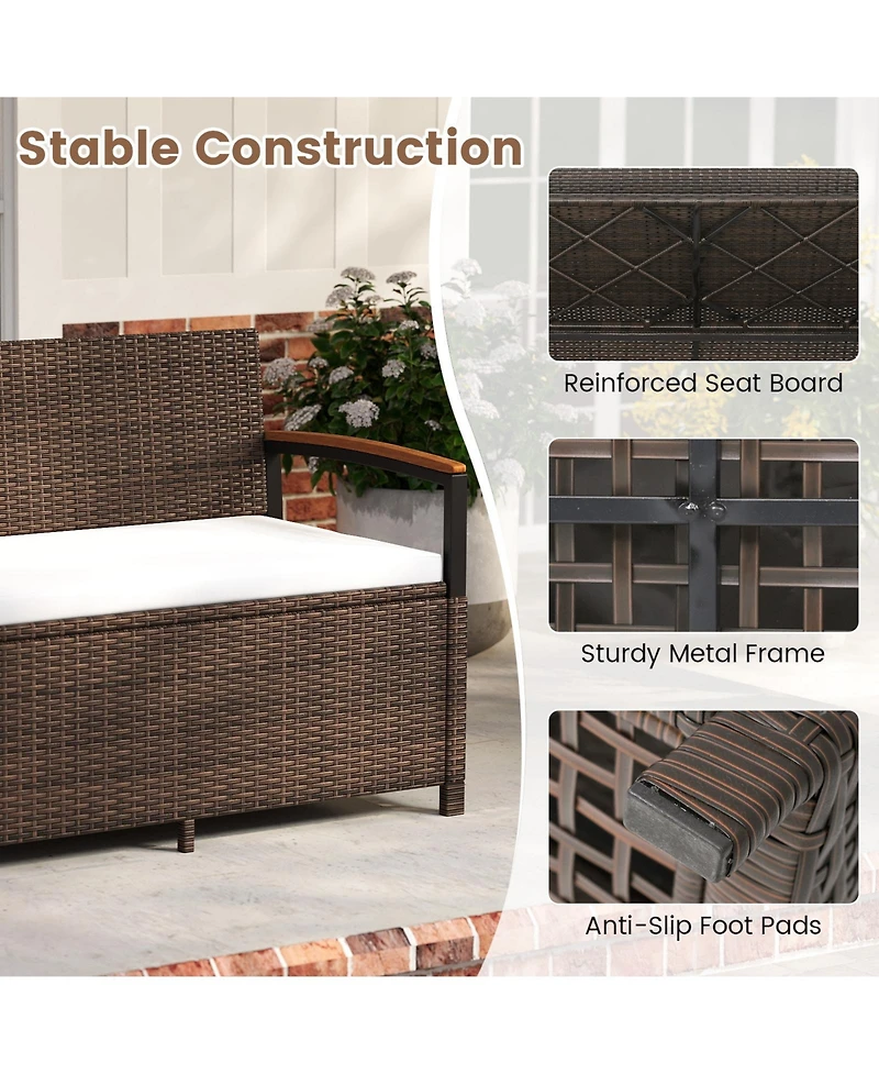 Gymax Outdoor Storage BenchCushion Backrest and Acacia Wood Armrests Hidden Storage