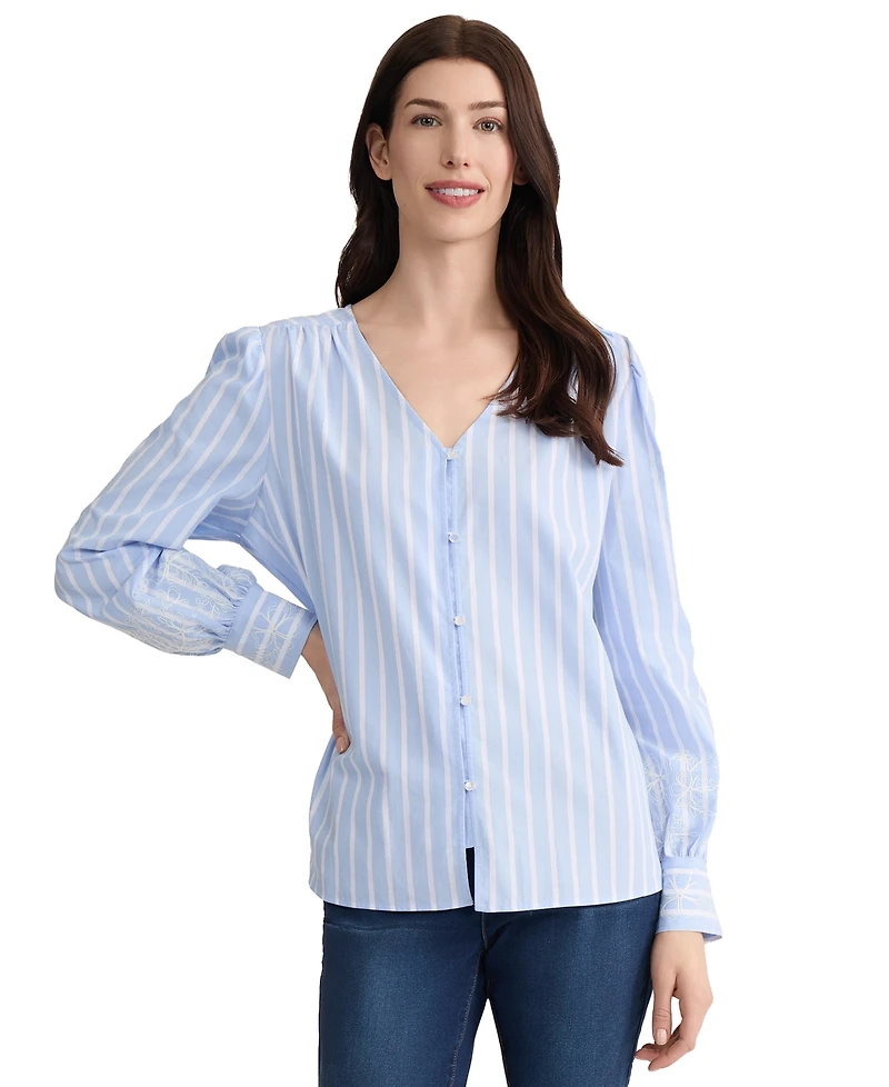 Jones New York Women's Cotton Embroidered-Sleeve Blouse