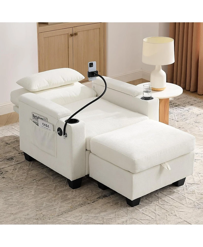 Rainsken Convertible Sleeper Chair and Storage Ottoman Bundle, Modern Chaise Lounge with Usb Port and Phone Stand for Bedroom and Living Room