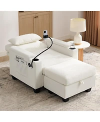 Rainsken Convertible Sleeper Chair and Storage Ottoman Bundle, Modern Chaise Lounge with Usb Port and Phone Stand for Bedroom and Living Room