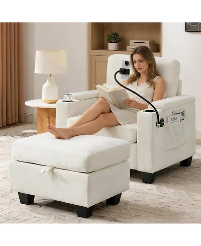 Rainsken Convertible Sleeper Chair and Storage Ottoman Bundle, Modern Chaise Lounge with Usb Port and Phone Stand for Bedroom and Living Room