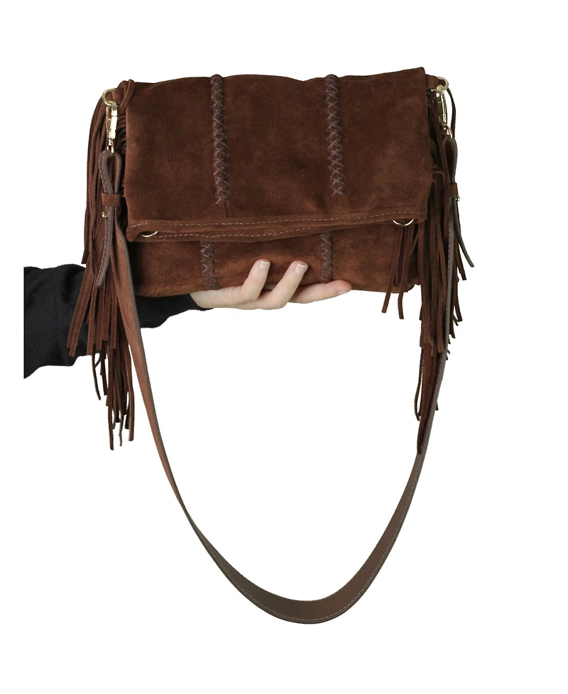 Carlos Falchi Medium Fringe Suede Crossbody Messenger