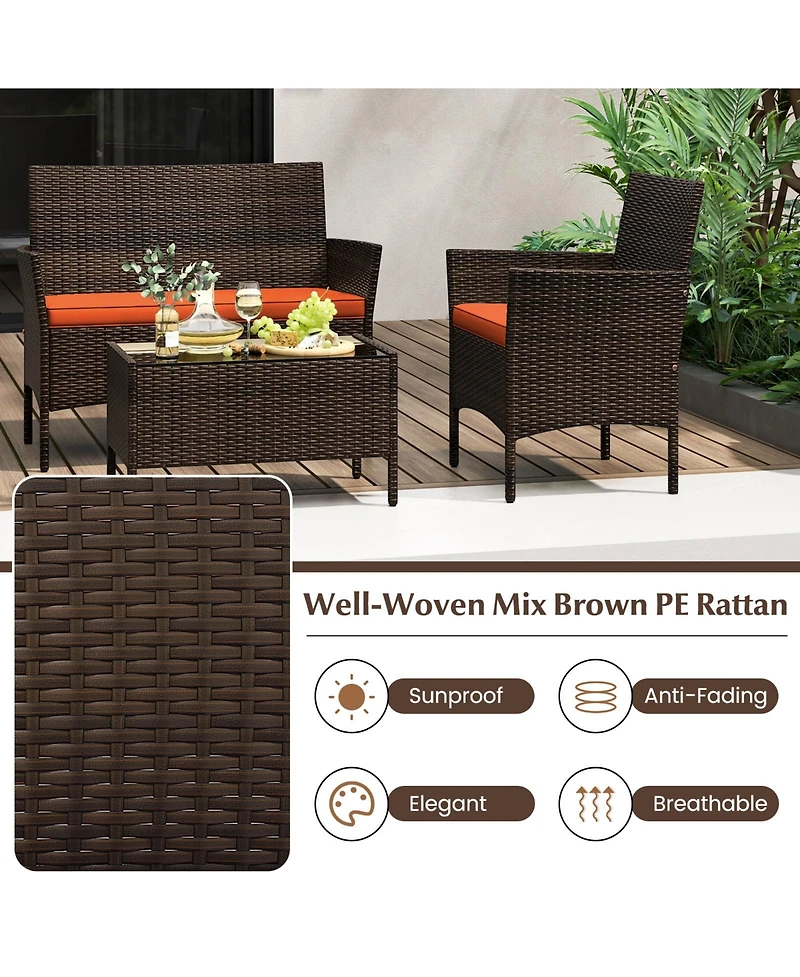 Sugift 4 Piece Patio Rattan Conversation Set with Seat Cushions