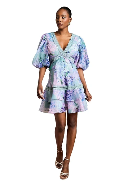 Coast Women's Lace Trim Puff Sleeve Organza Mini Dress