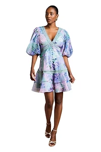 Coast Women's Lace Trim Puff Sleeve Organza Mini Dress