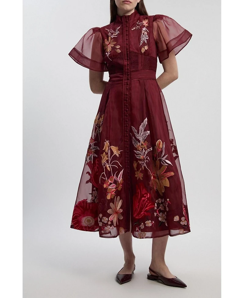 Karen Millen Women's Embroidered Short Sleeve Midi Dress