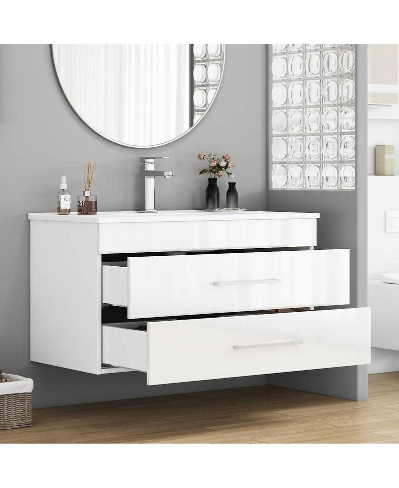 Sillysis Glossy White Wall Mounted Bathroom Vanity with Sink , Soft Close Drawers