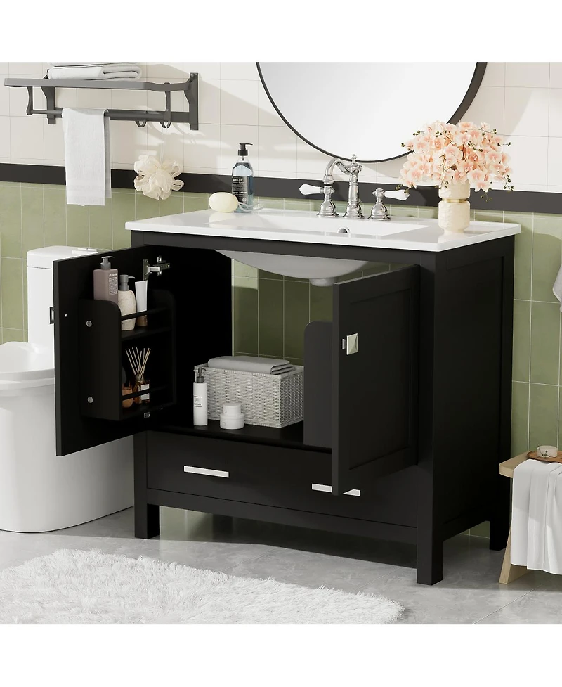 Sillysis 36 Inch Bathroom Vanity with Ceramic Sink, Solid Wood Frame, Soft Close Doors and Divided Drawer for Small Spaces
