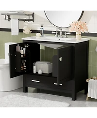 Sillysis 36 Inch Bathroom Vanity with Ceramic Sink, Solid Wood Frame, Soft Close Doors and Divided Drawer for Small Spaces