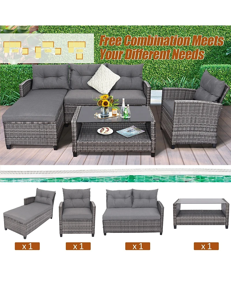 Costway 4PCS Patio Rattan Furniture Set Cushioned Loveseat Table Shelf