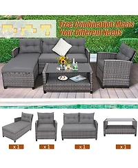 Costway 4PCS Patio Rattan Furniture Set Cushioned Loveseat Table Shelf