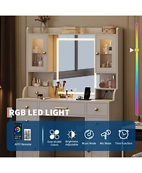 Homfan Modern Vanity Desk with Led Mirror, 3 Light Modes, Charging Station, 6 Drawers, Cabinet and Shelves, Gold Accents Makeup Table for Bedroom